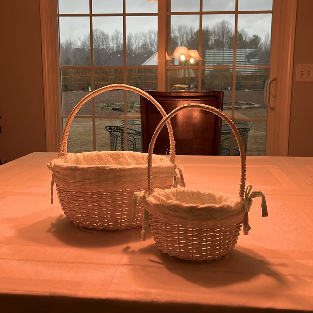 New White Wicker Duck Woven Rattan Baskets Set of Two Lined With Fabric